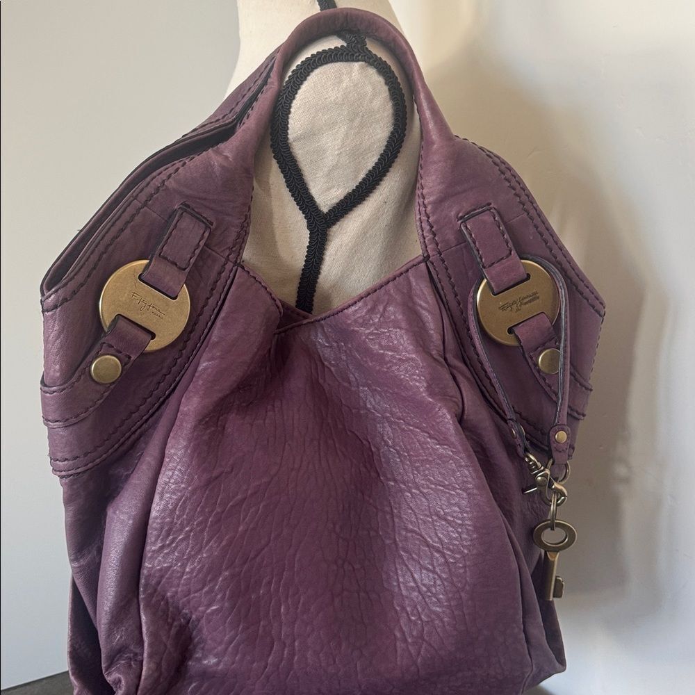 Fossil FIFTY FOUR VINTAGE Hobo Purple Plum Leather Handbag Shoulder Bag Slouchy - Picture 2 of 16